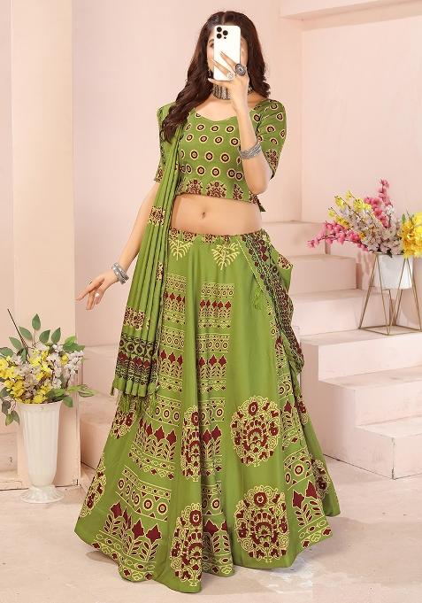 Light Green Printed Cotton Blended Lehenga Choli Set
