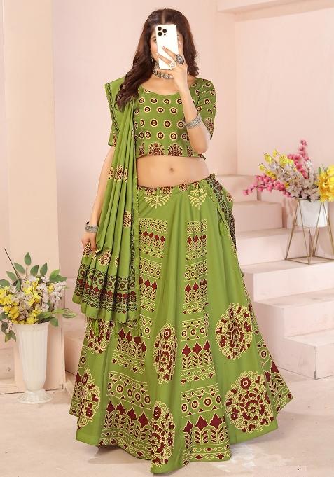 Light Green Printed Cotton Blended Lehenga Choli Set