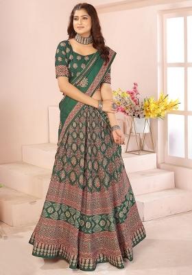 Dark Green Printed Cotton Blended Lehenga Choli Set