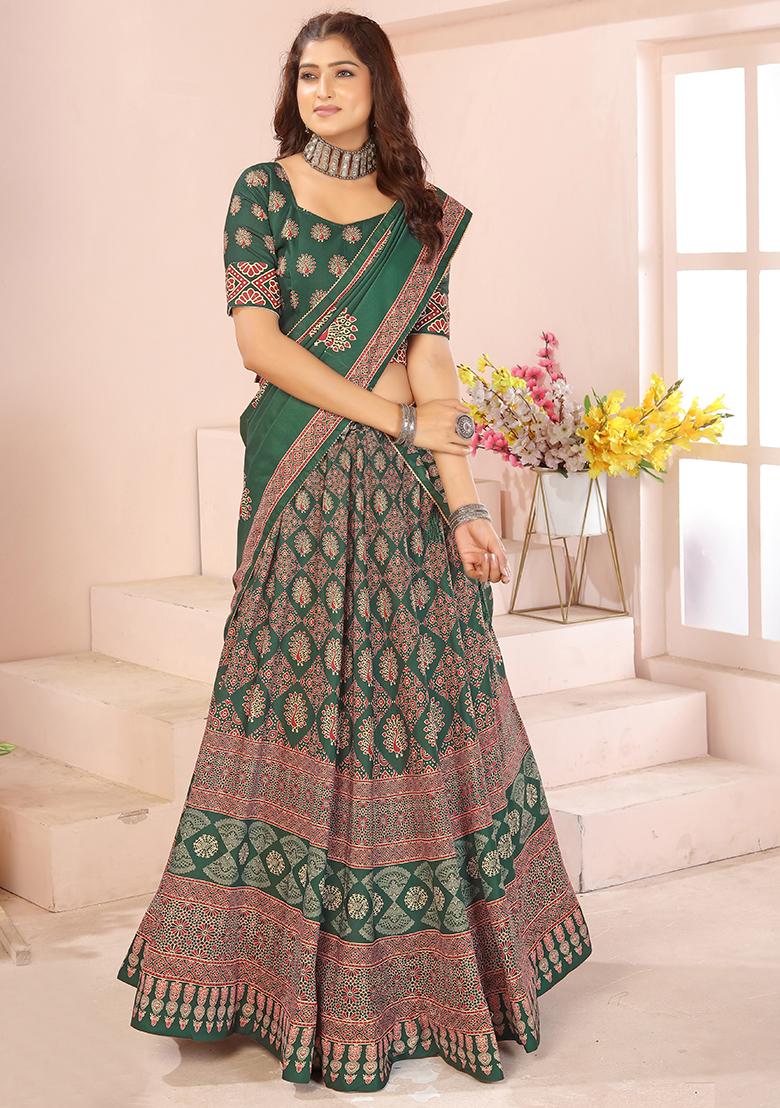 Dark Green Printed Cotton Blended Lehenga Choli Set