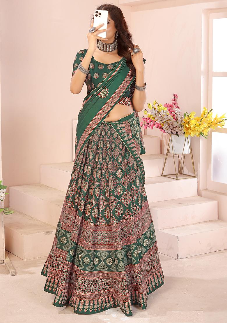 Dark Green Printed Cotton Blended Lehenga Choli Set - Indya