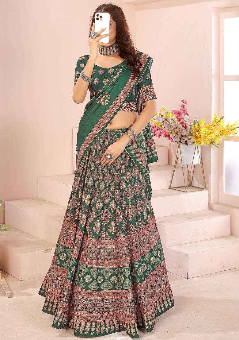 Dark Green Printed Cotton Blended Lehenga Choli Set