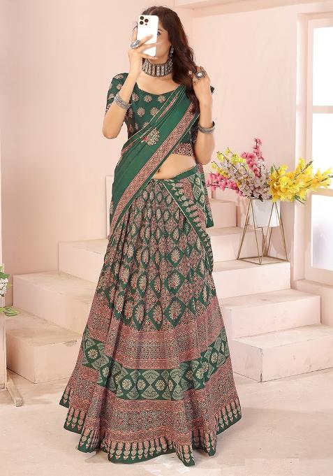 Dark Green Printed Cotton Blended Lehenga Choli Set