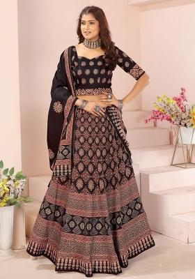 Black Printed Cotton Blended Lehenga Choli Set