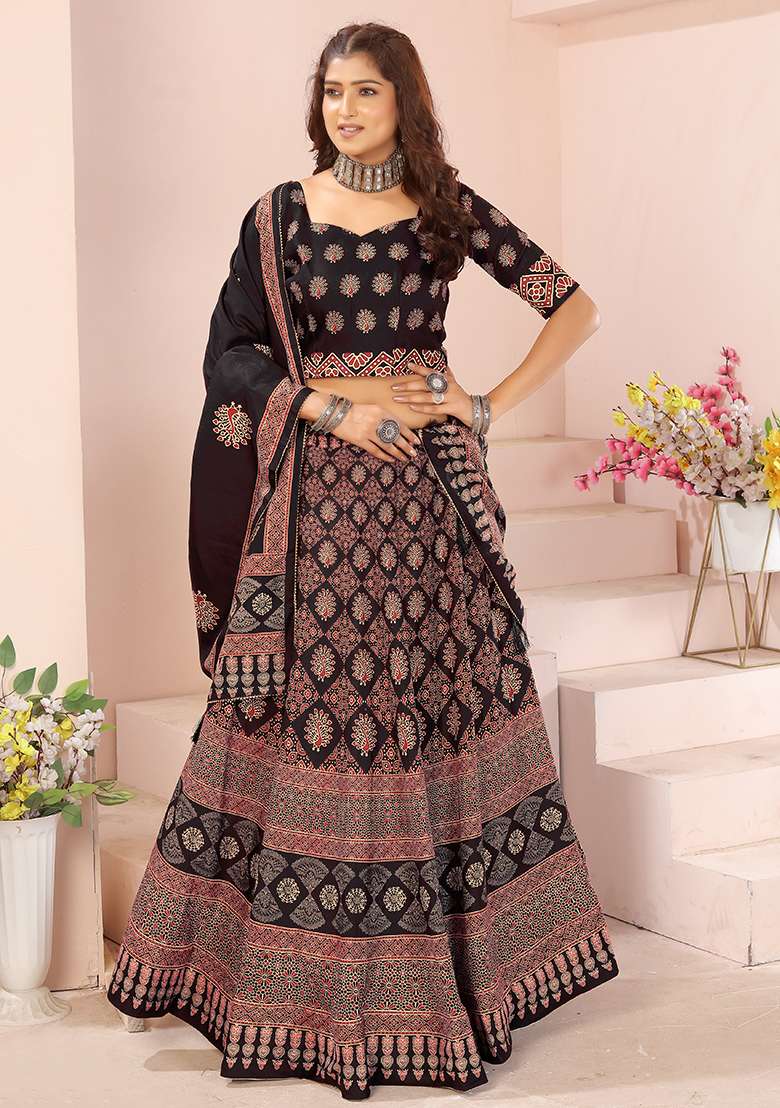 Black Printed Cotton Blended Lehenga Choli Set - Indya