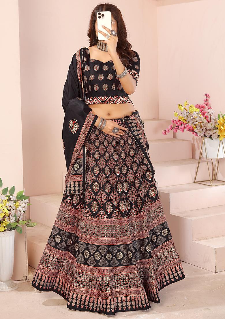 Black Printed Cotton Blended Lehenga Choli Set - Indya