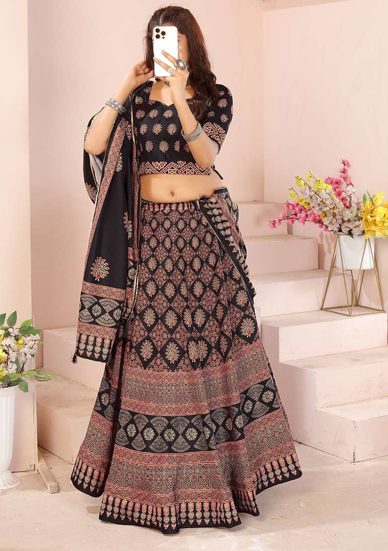 Black Printed Cotton Blended Lehenga Choli Set - Indya