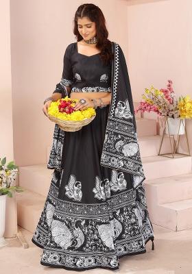 Black Printed Cotton Blended Lehenga Choli Set