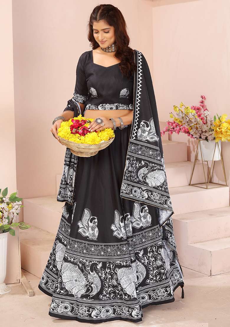 Black Printed Cotton Blended Lehenga Choli Set - Indya