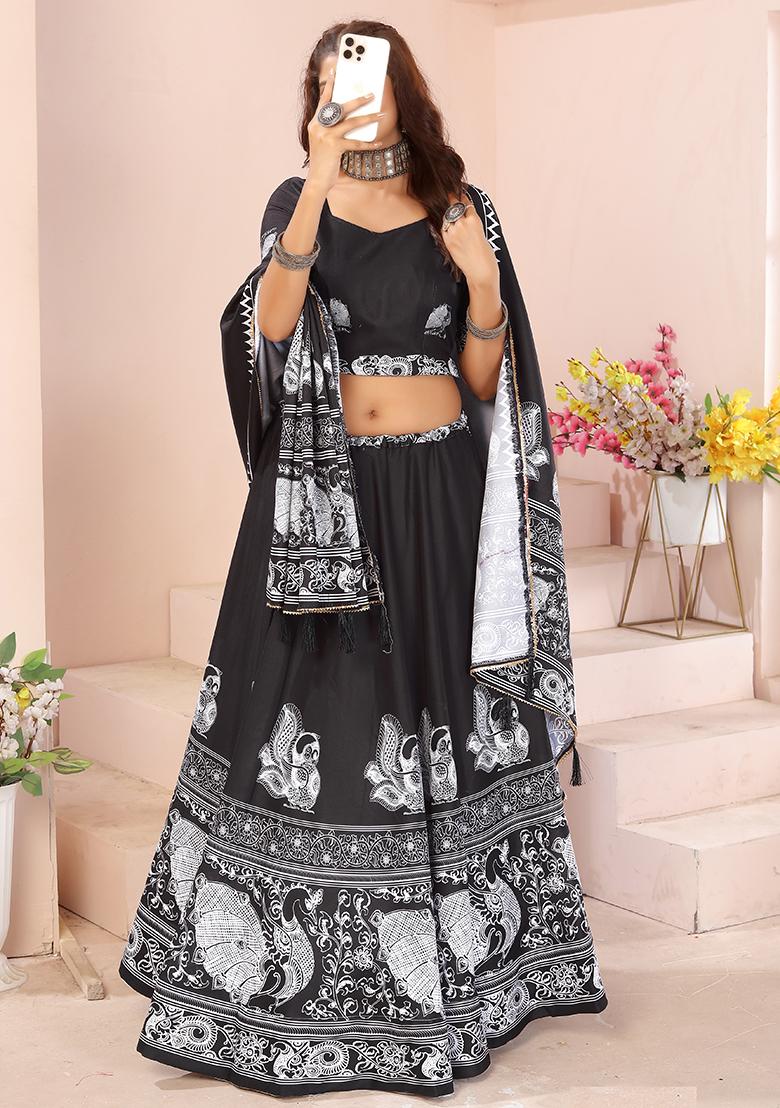 Black Printed Cotton Blended Lehenga Choli Set - Indya