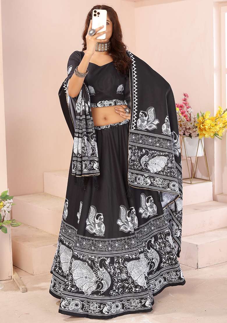 Black Printed Cotton Blended Lehenga Choli Set - Indya
