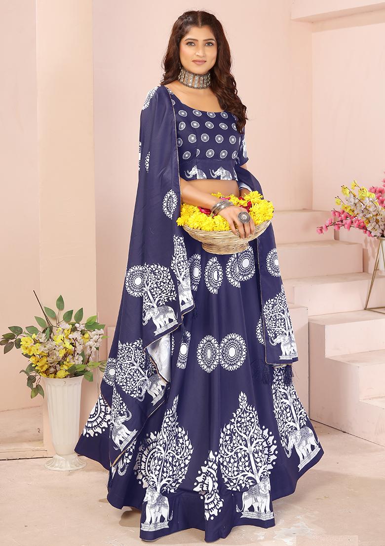 White Printed Cotton Blended Lehenga Choli Set - Indya