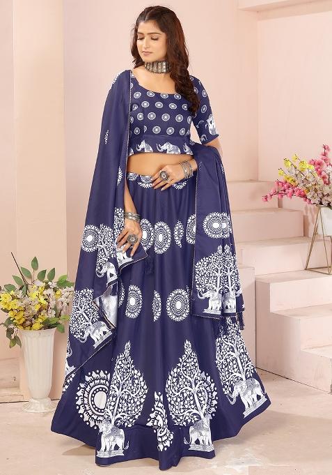 White Printed Cotton Blended Lehenga Choli Set