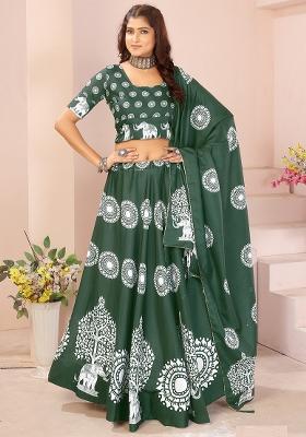 White Printed Cotton Blended Lehenga Choli Set