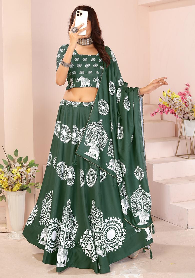 White Printed Cotton Blended Lehenga Choli Set - Indya