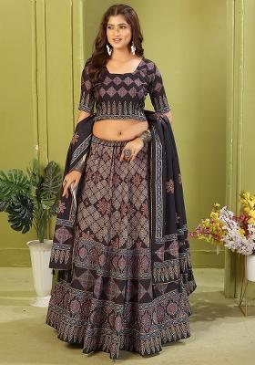 Black Printed Cotton Blended Lehenga Choli Set