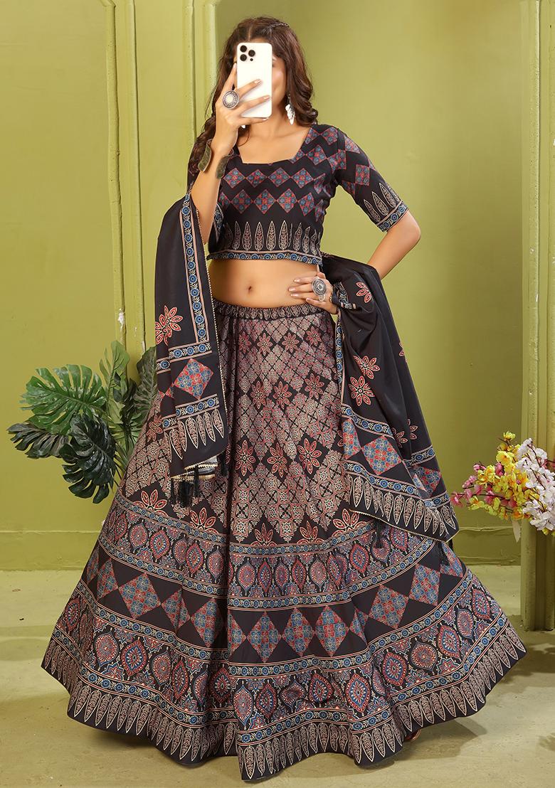 Black Printed Cotton Blended Lehenga Choli Set - Indya
