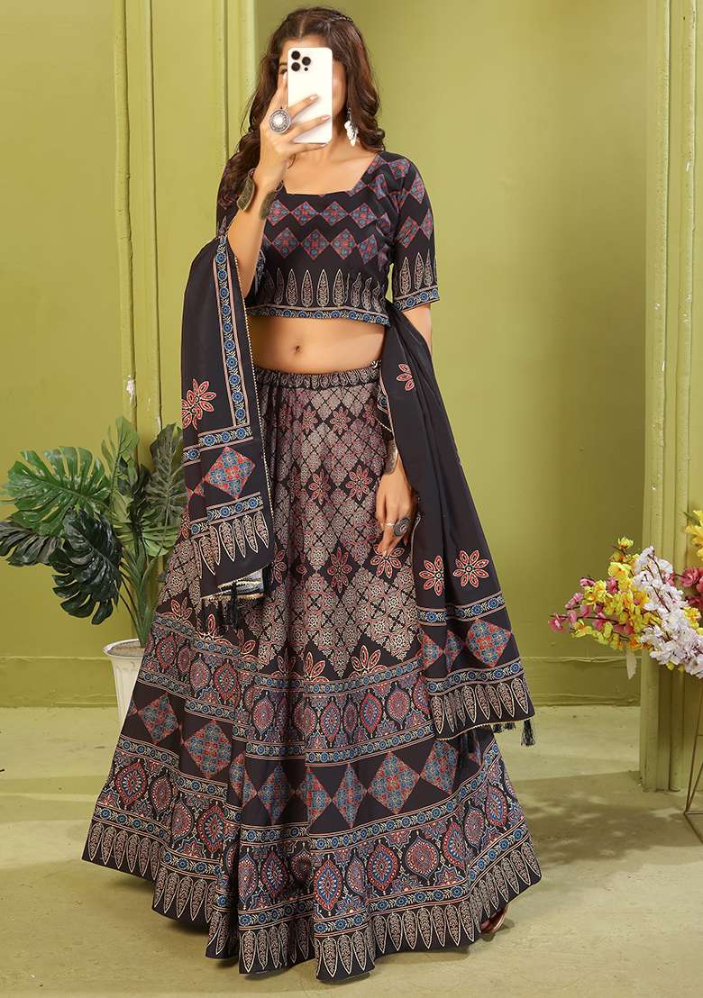 Black Printed Cotton Blended Lehenga Choli Set - Indya
