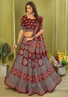 Maroon Printed Cotton Blended Lehenga Choli Set