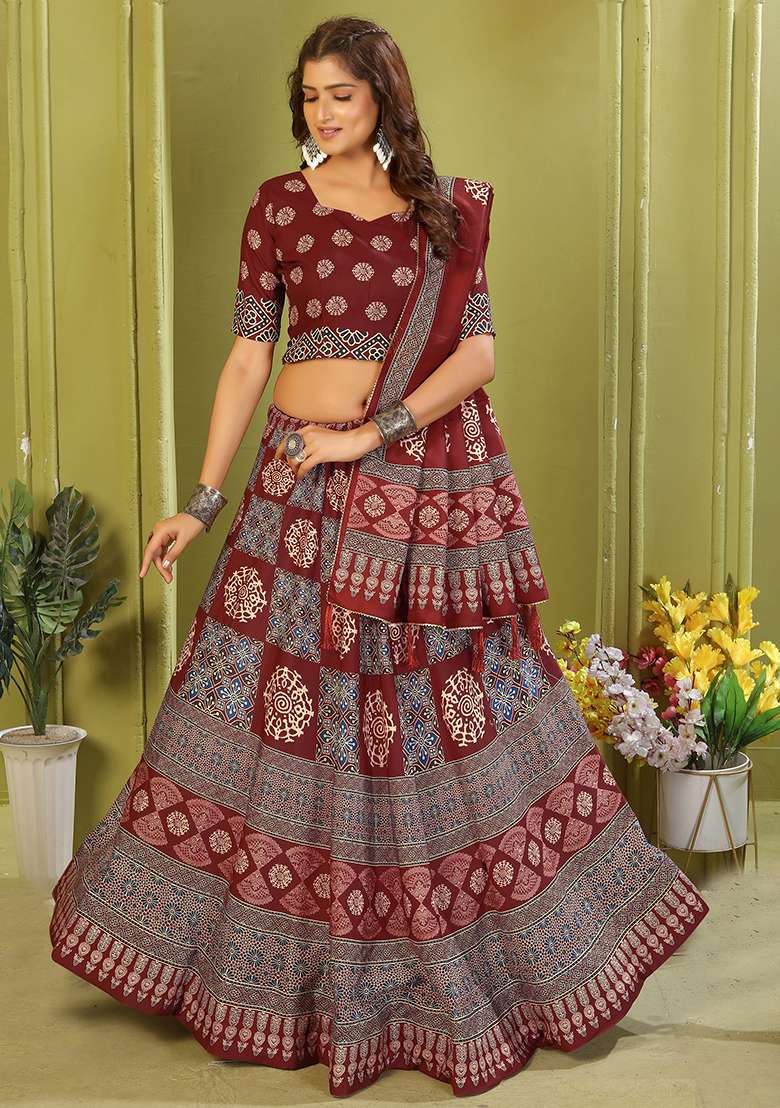 Maroon Printed Cotton Blended Lehenga Choli Set - Indya