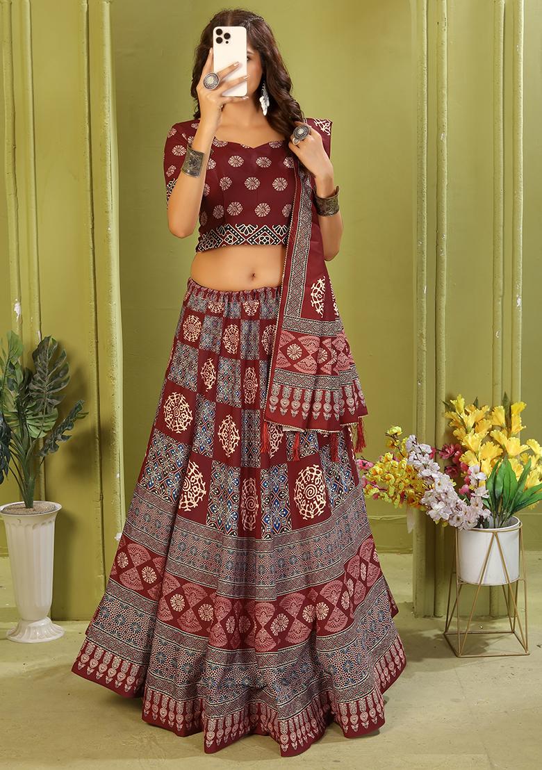Maroon Printed Cotton Blended Lehenga Choli Set - Indya