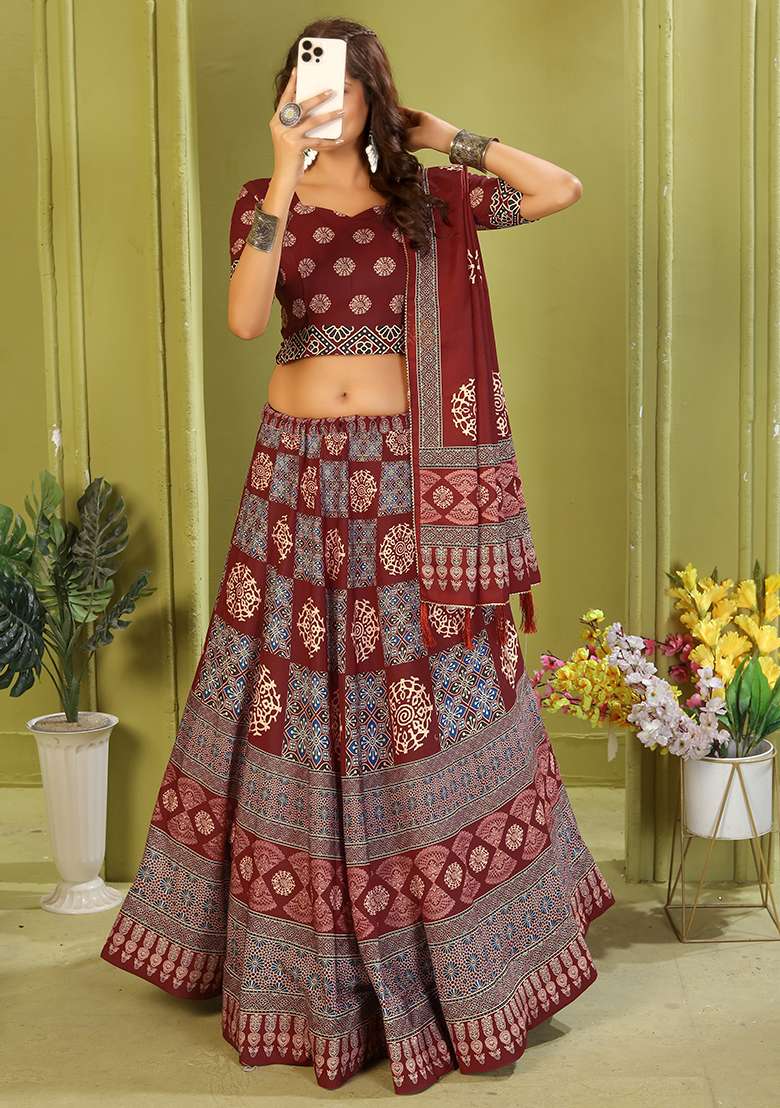 Maroon Printed Cotton Blended Lehenga Choli Set - Indya
