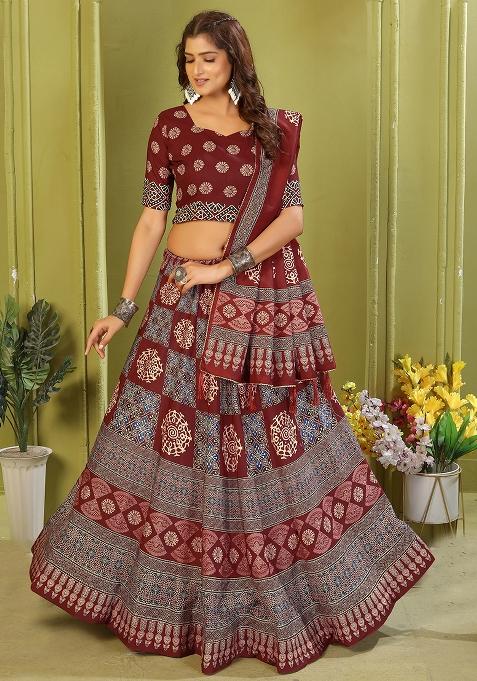 Maroon Printed Cotton Blended Lehenga Choli Set