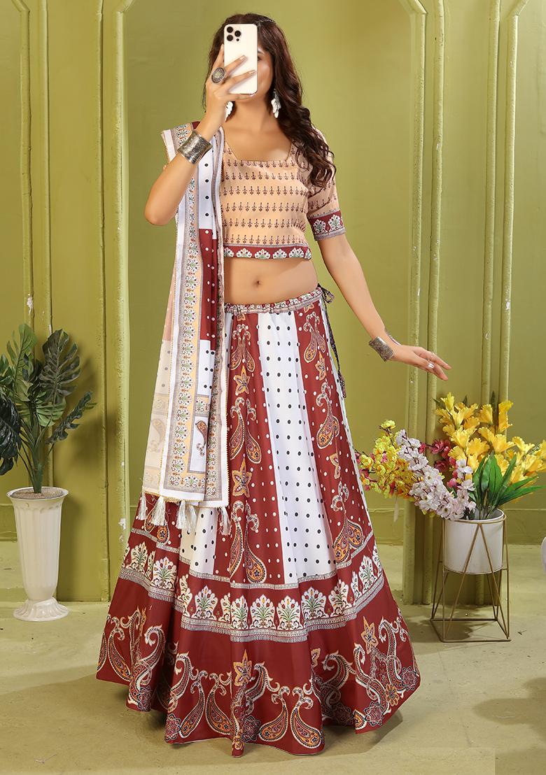 White Printed Cotton Blended Lehenga Choli Set - Indya