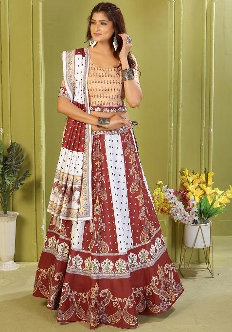 White Printed Cotton Blended Lehenga Choli Set