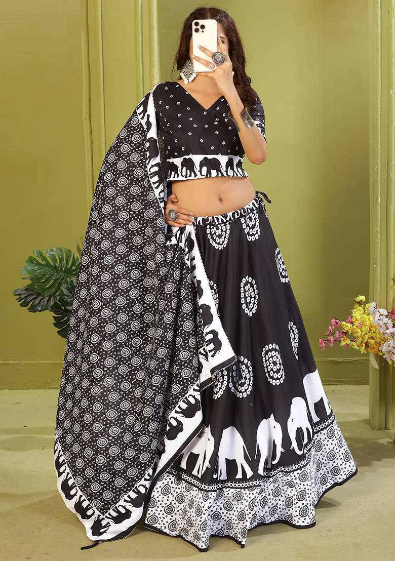 Black Printed Cotton Blended Lehenga Choli Set - Indya