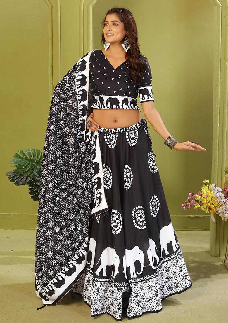 Black Printed Cotton Blended Lehenga Choli Set - Indya