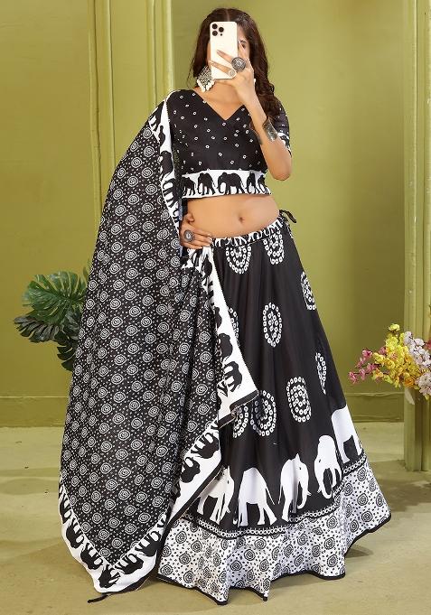 Black Printed Cotton Blended Lehenga Choli Set