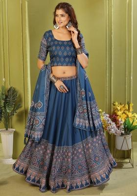 Light Blue Printed Cotton Blended Lehenga Choli Set