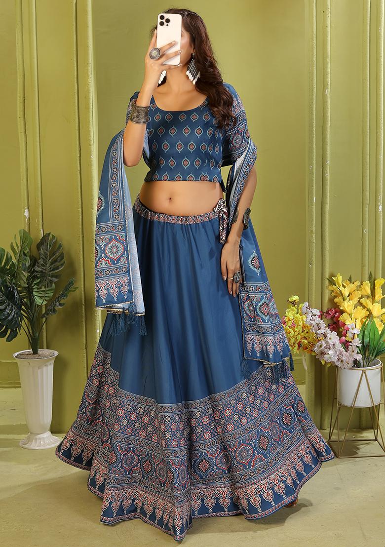 Light Blue Printed Cotton Blended Lehenga Choli Set - Indya