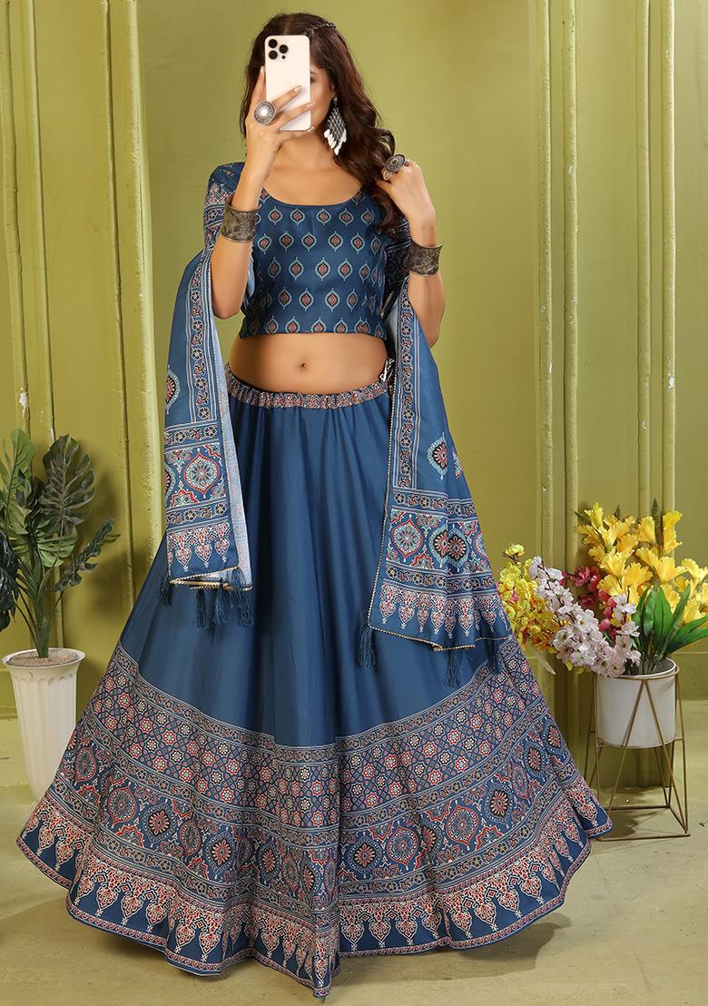 Light Blue Printed Cotton Blended Lehenga Choli Set