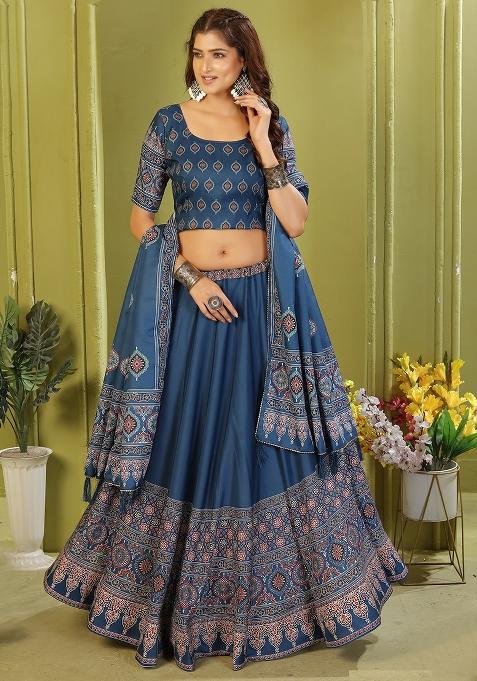 Light Blue Printed Cotton Blended Lehenga Choli Set