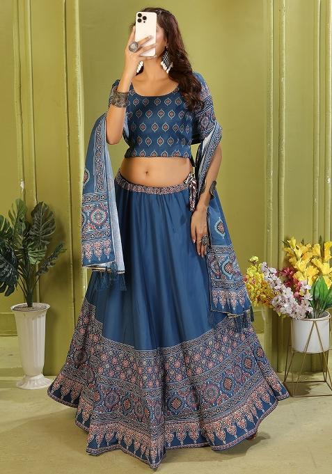 Light Blue Printed Cotton Blended Lehenga Choli Set