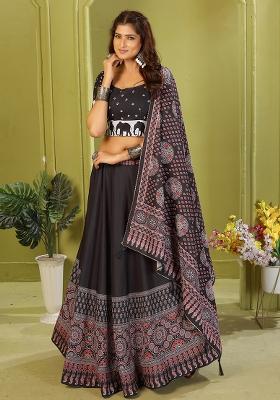 Black Printed Cotton Blended Lehenga Choli Set