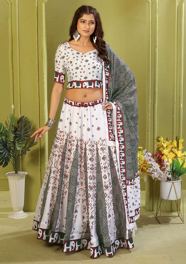 Black Printed Cotton Blended Lehenga Choli Set - Indya