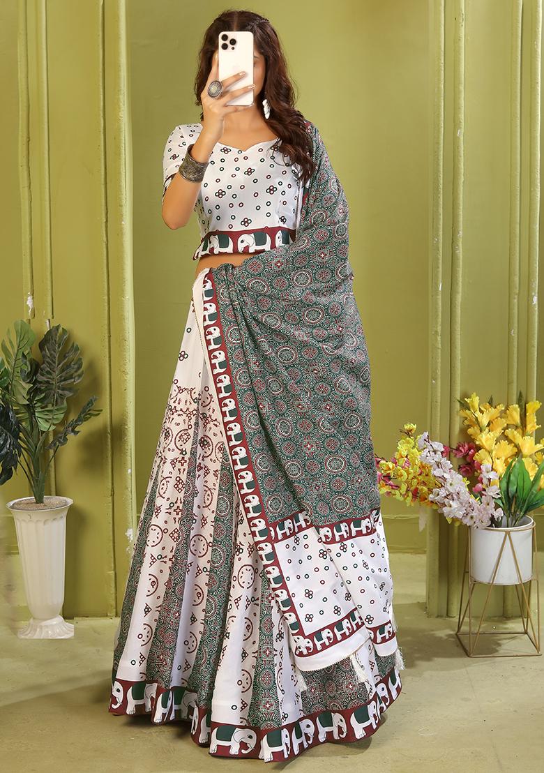 Black Printed Cotton Blended Lehenga Choli Set - Indya