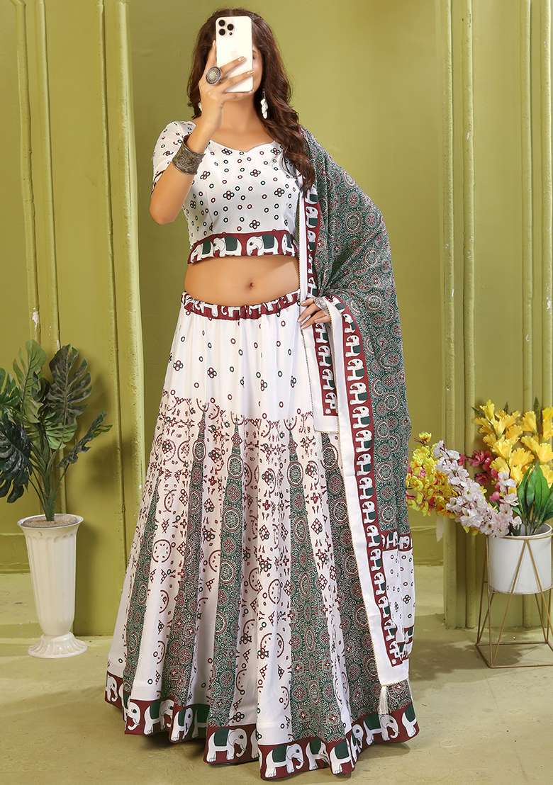 Black Printed Cotton Blended Lehenga Choli Set - Indya