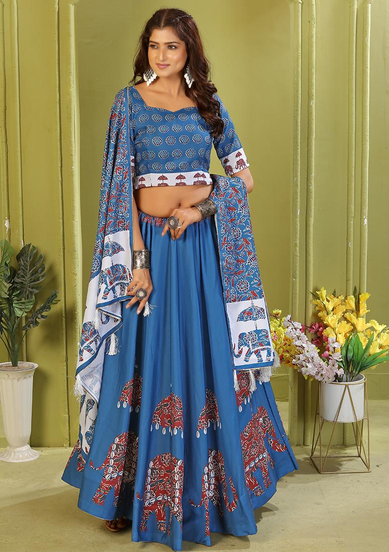 Light Blue Printed Cotton Blended Lehenga Choli Set