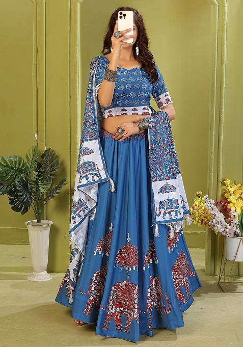 Light Blue Printed Cotton Blended Lehenga Choli Set