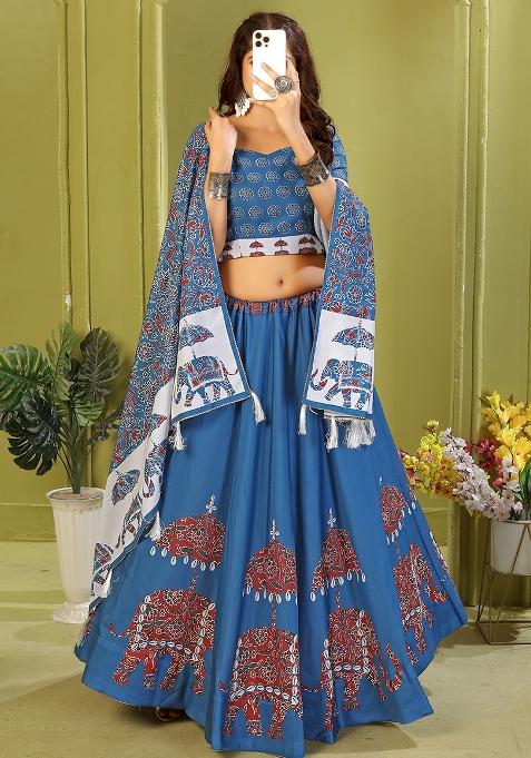 Light Blue Printed Cotton Blended Lehenga Choli Set
