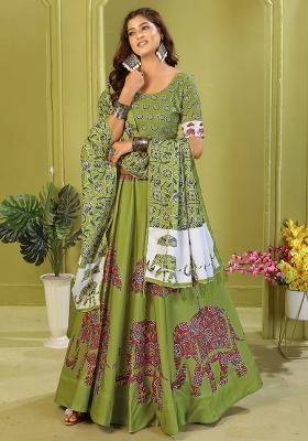 Light Green Printed Cotton Blended Lehenga Choli Set
