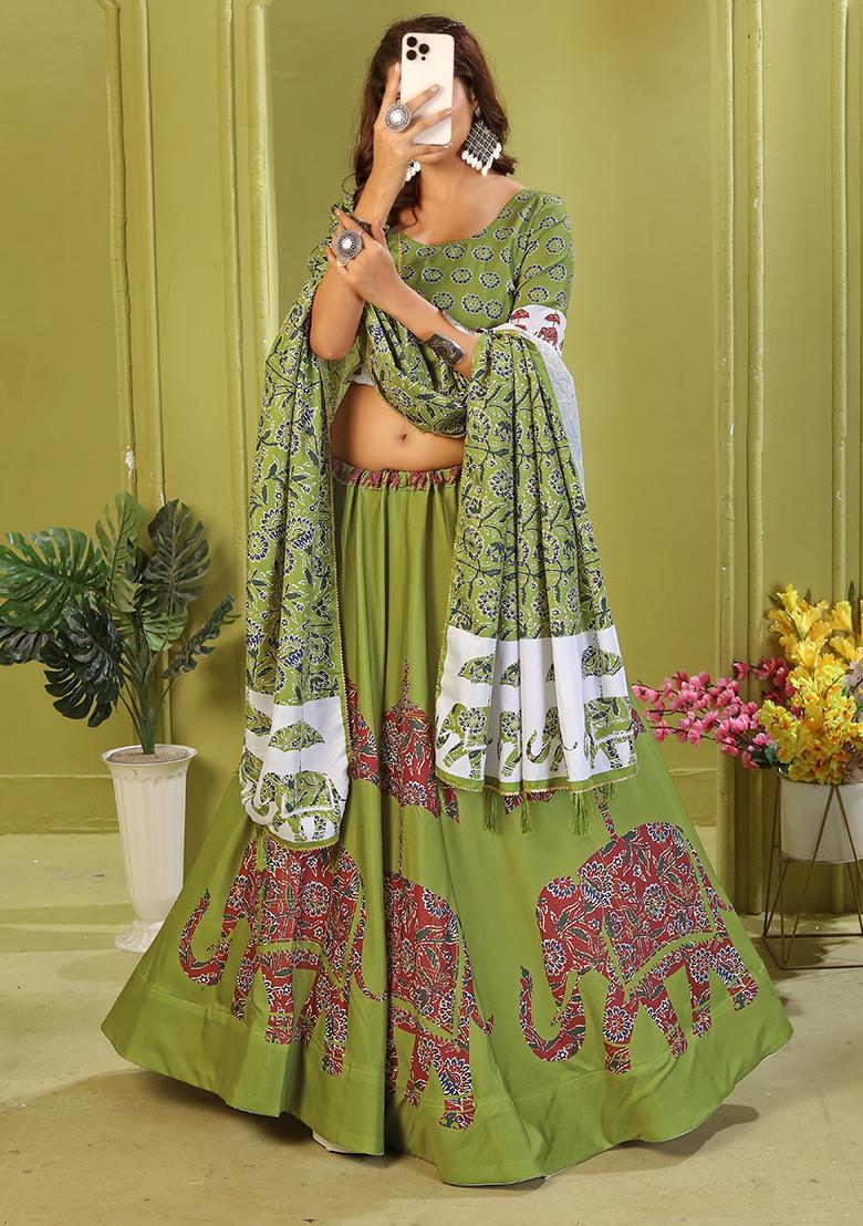 Light Green Printed Cotton Blended Lehenga Choli Set