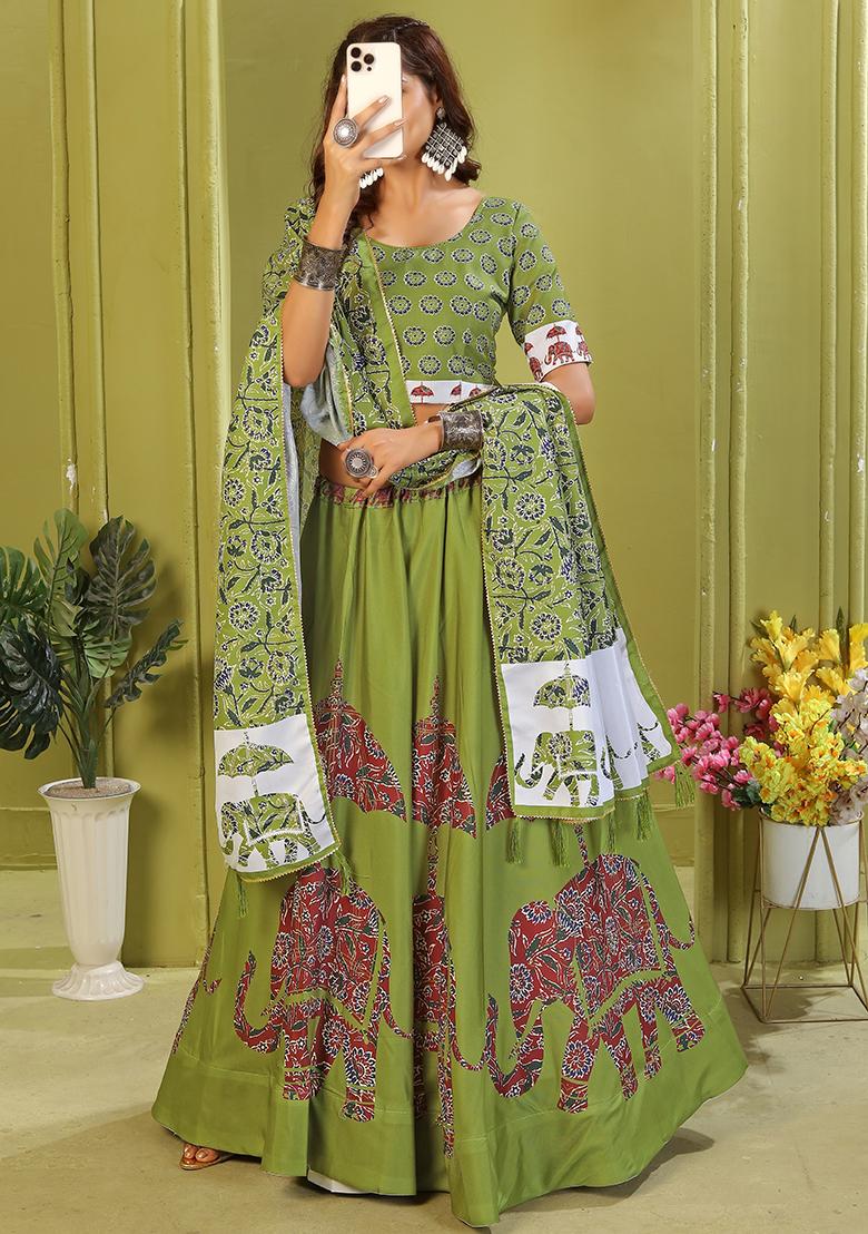 Light Green Printed Cotton Blended Lehenga Choli Set