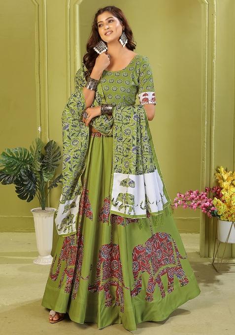 Light Green Printed Cotton Blended Lehenga Choli Set