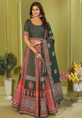 Dark Green Printed Cotton Blended Lehenga Choli Set