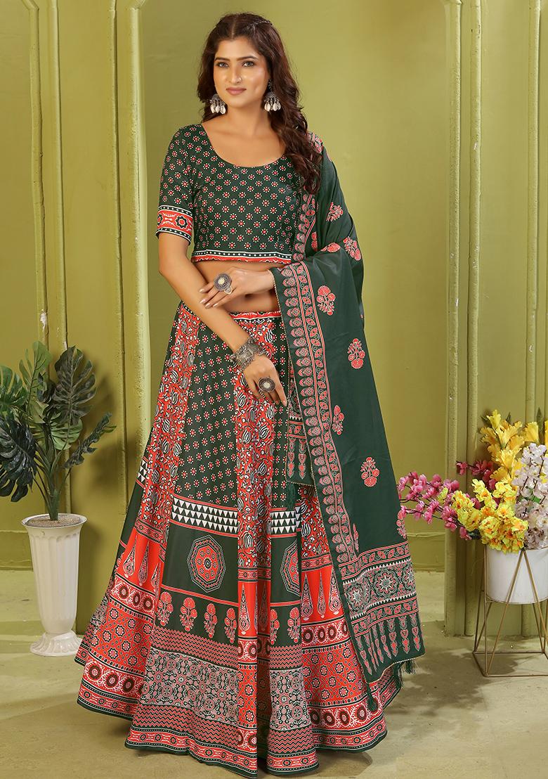 Dark Green Printed Cotton Blended Lehenga Choli Set